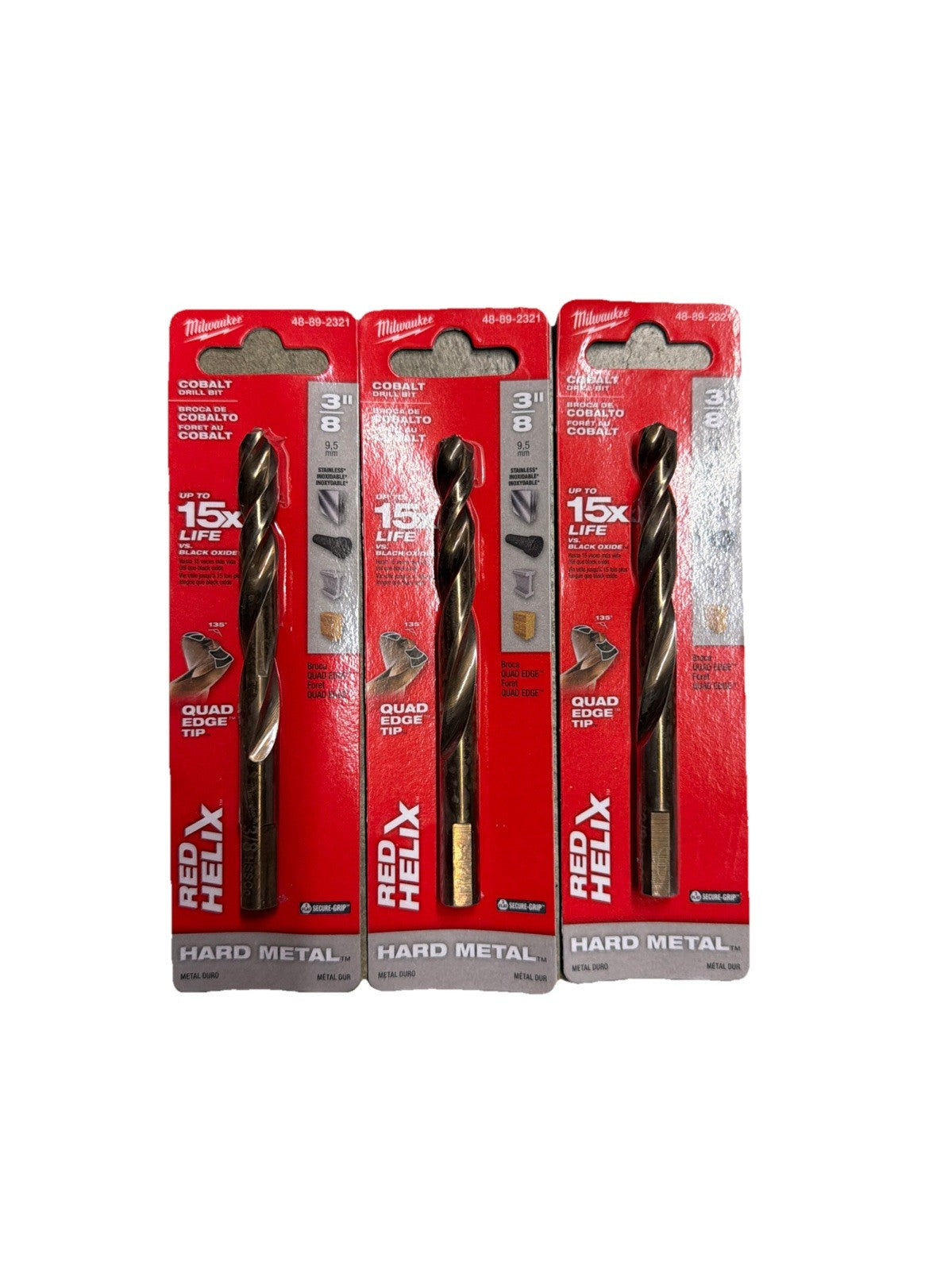MILWAUKEE RED HELIX 3/8" COBALT HARD METAL DRILL BIT, 48-89-2321 PACK OF 3