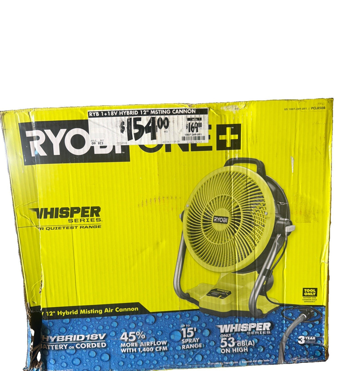 New! RYOBI 18V ONE+ Whisper Series 12'' Misting Cooling Fan PCL850B, Tool Only