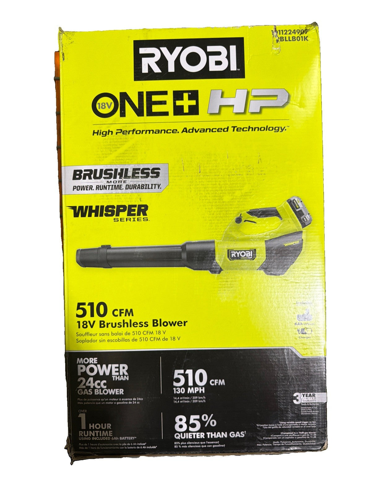 Ryobi ONE+ HP 18V Brushless Whisper Series Battery Leaf Blower With 6Ah/charger