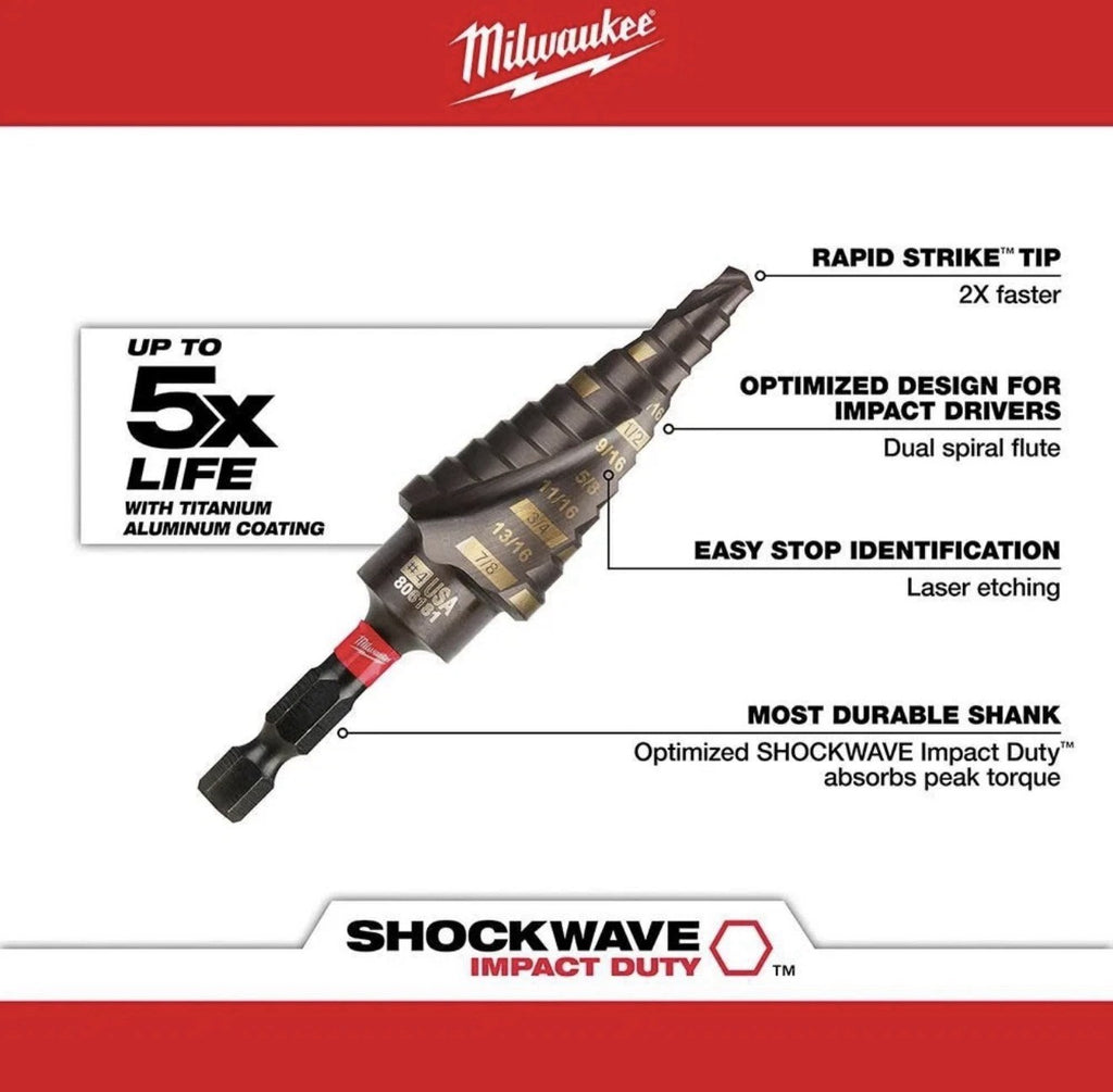 Milwaukee SHOCKWAVE Step Drill Bit, #4, 3/16in.–7/8in., Model# 48-89-9244