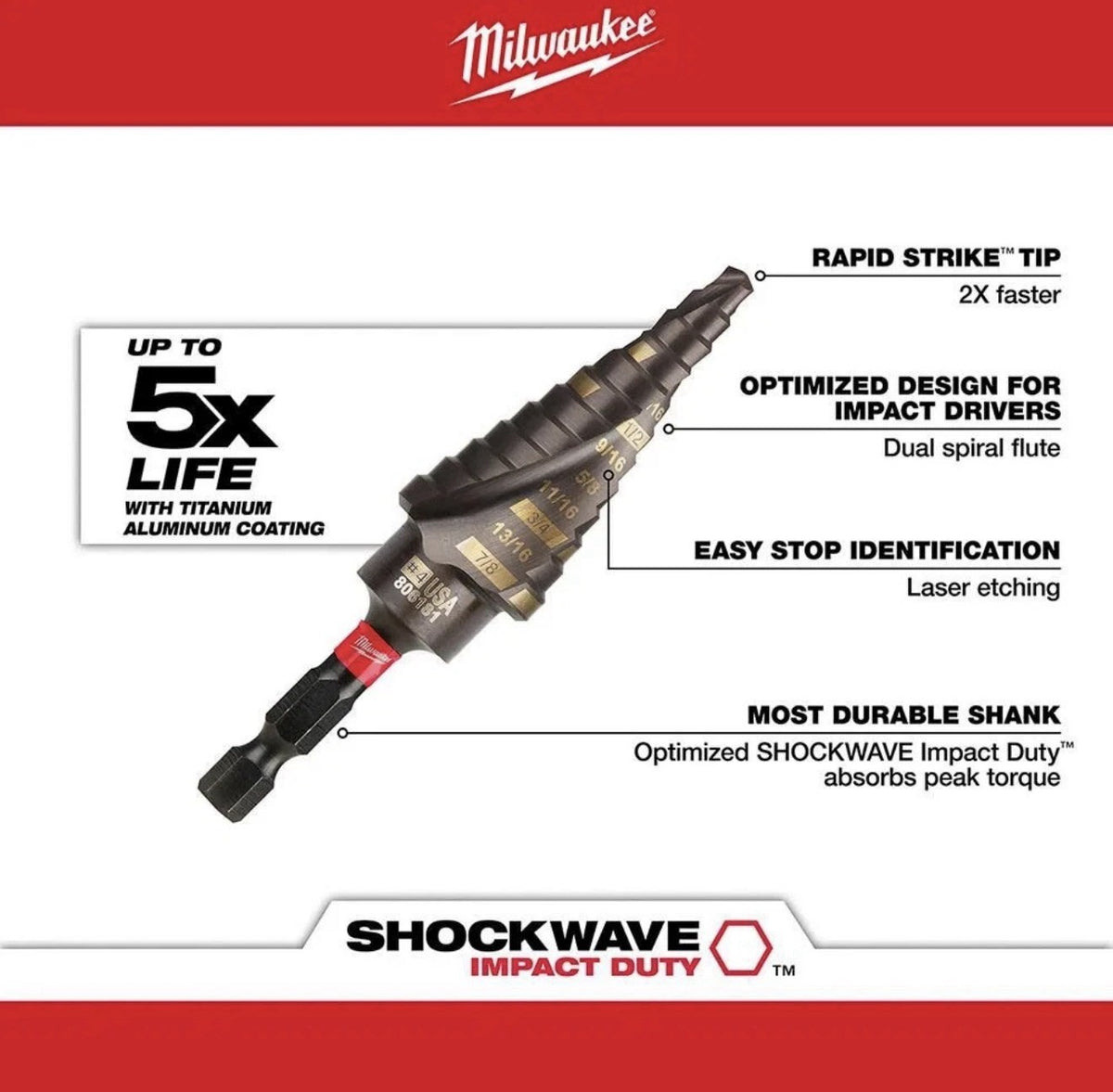 Milwaukee SHOCKWAVE Step Drill Bit, #4, 3/16in.–7/8in., Model# 48-89-9244
