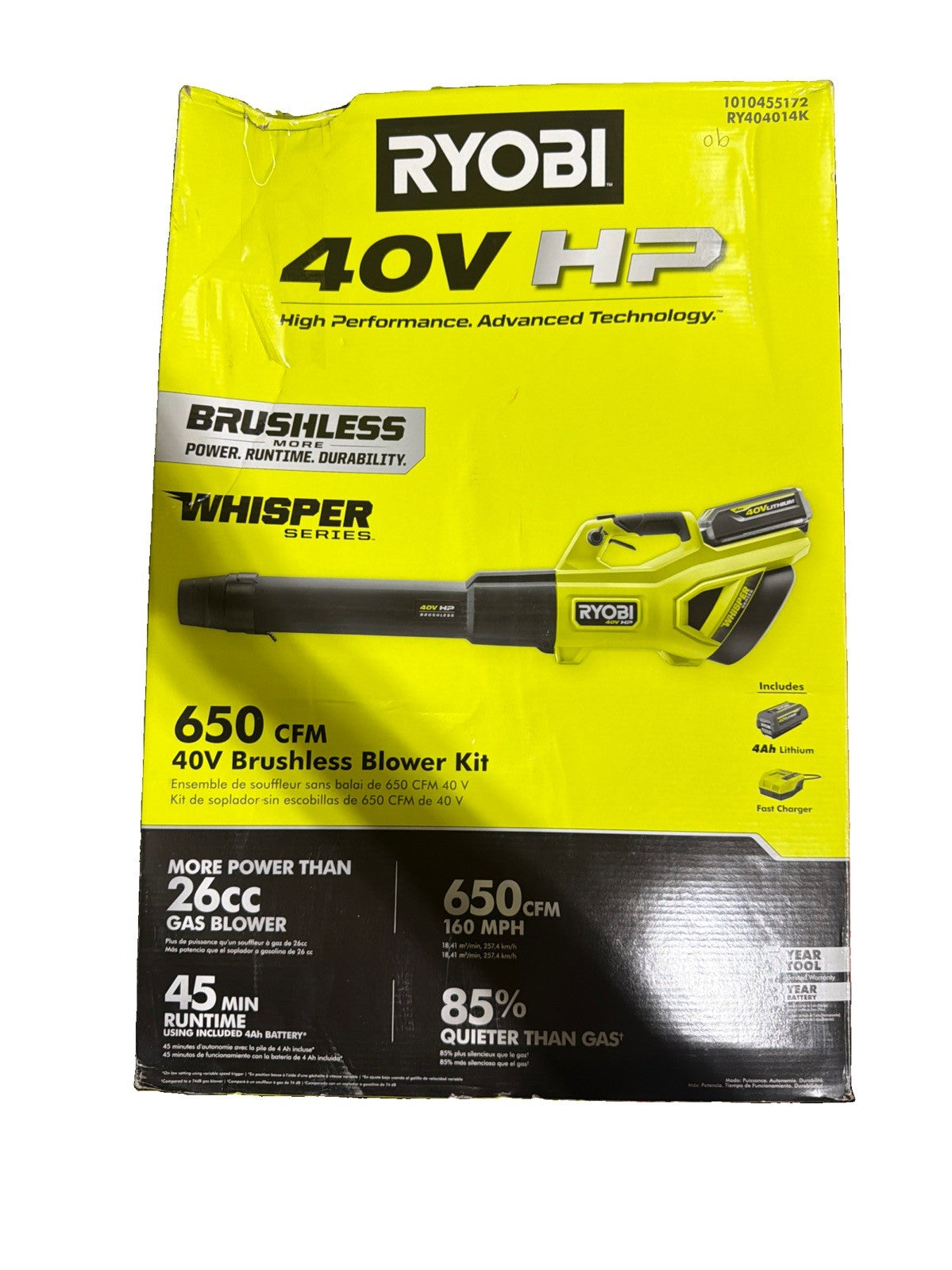 RYOBI 40V HP Brushless Whisper 160 MPH 650 CFM Cordless Blower 4Ah
