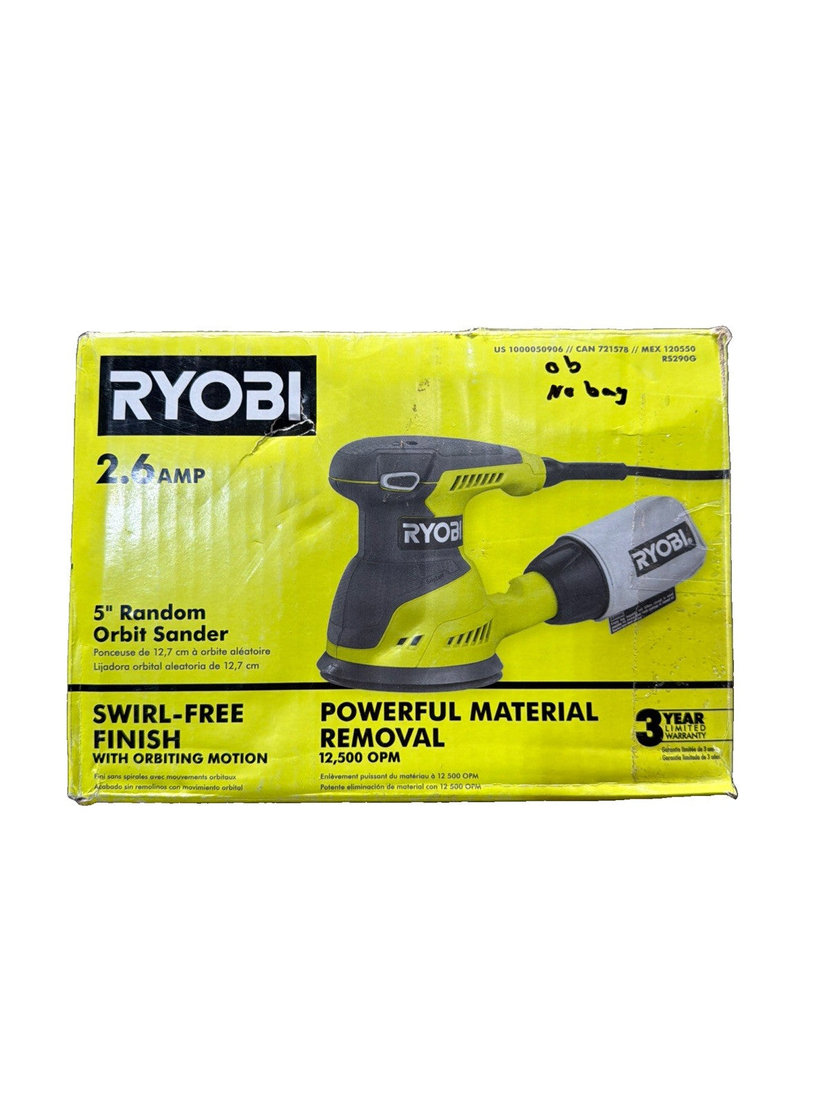 Ryobi RS290G 2.6 Amp Corded 5" Random Orbital Sander (No Dust Bag) NO SANDPAPER