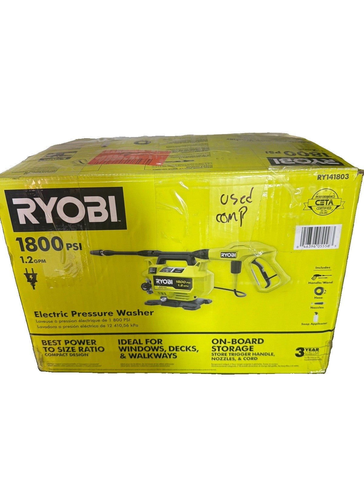 RYOBI RY141803 1800 PSI 1.2 GPM Portable Corded Electric Pressure Washer  Tested