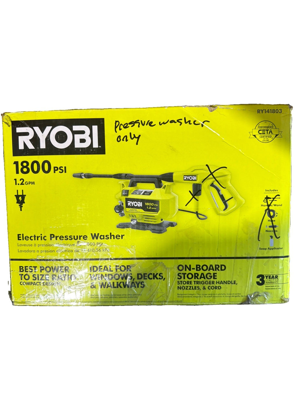 RYOBI 1800 PSI 1.2 GPM Cold Water Corded Electric Pressure Washer NO ATTACHMENTS