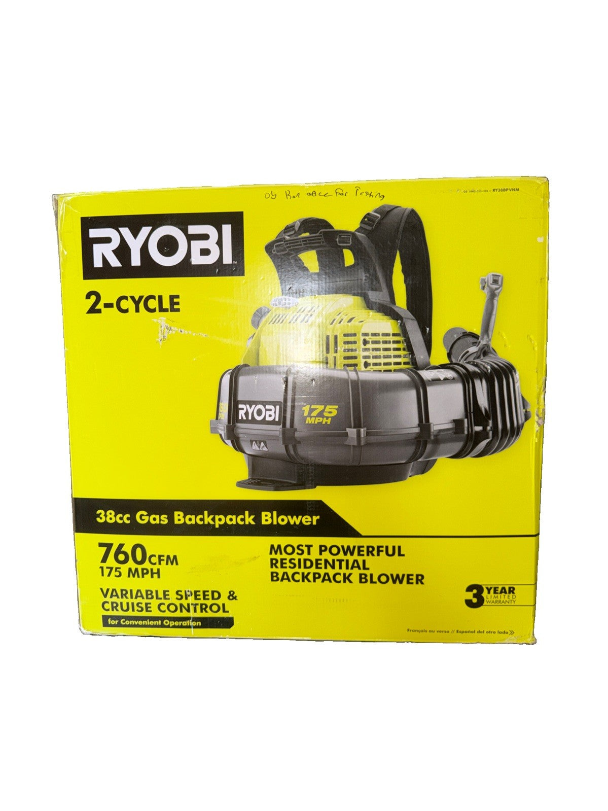 RYOBI 175 MPH 760 CFM 38cc 2-Cycle Gas Backpack Leaf Blower- OB USED FOR TEST